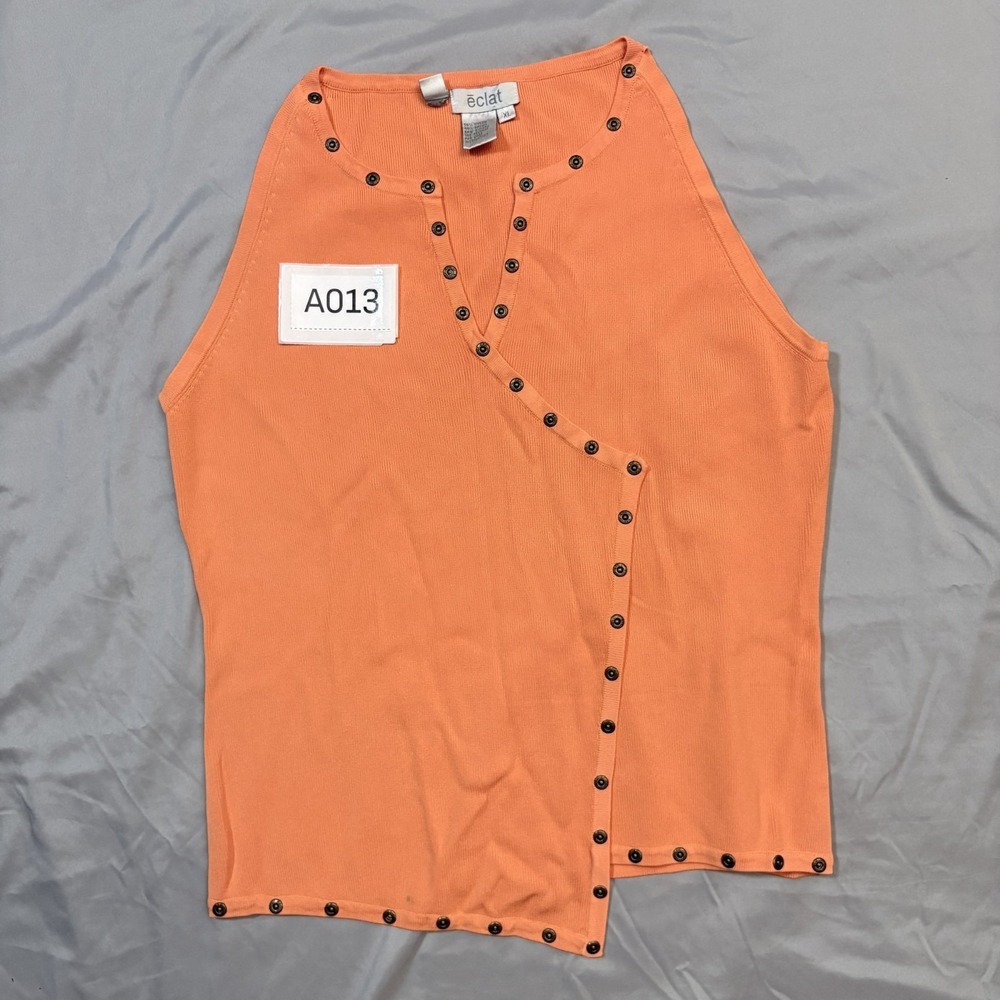 Y2K VTG eclat Snap Button Asymmetrical Tank Top Womens Orange XL Ribbed Vibrant